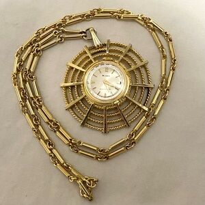Vintage Coro Gold-Tone Pendant Wind Up Watch Necklace Mid Century Starburst